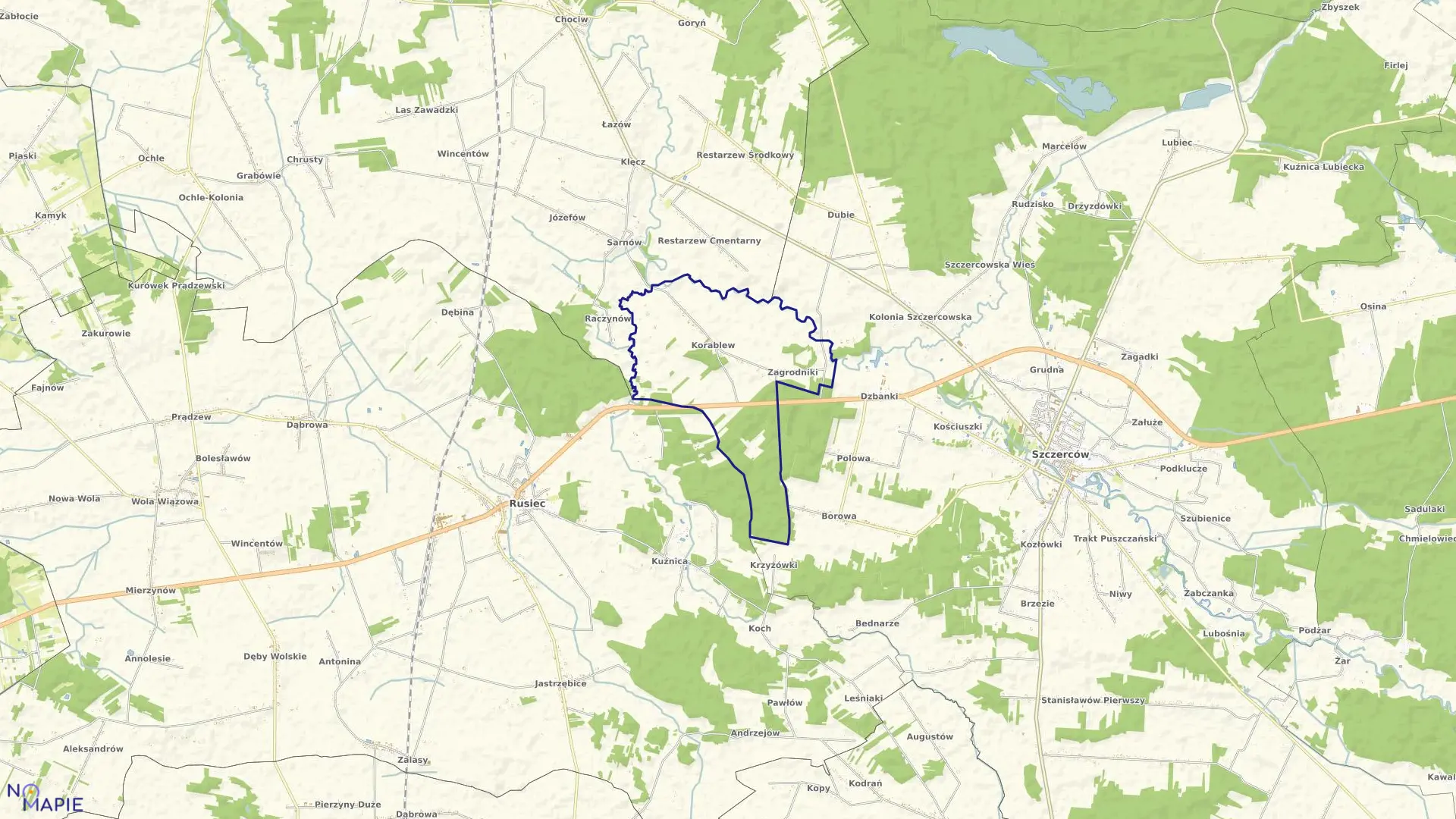 Mapa obrębu KORABLEW w gminie Rusiec