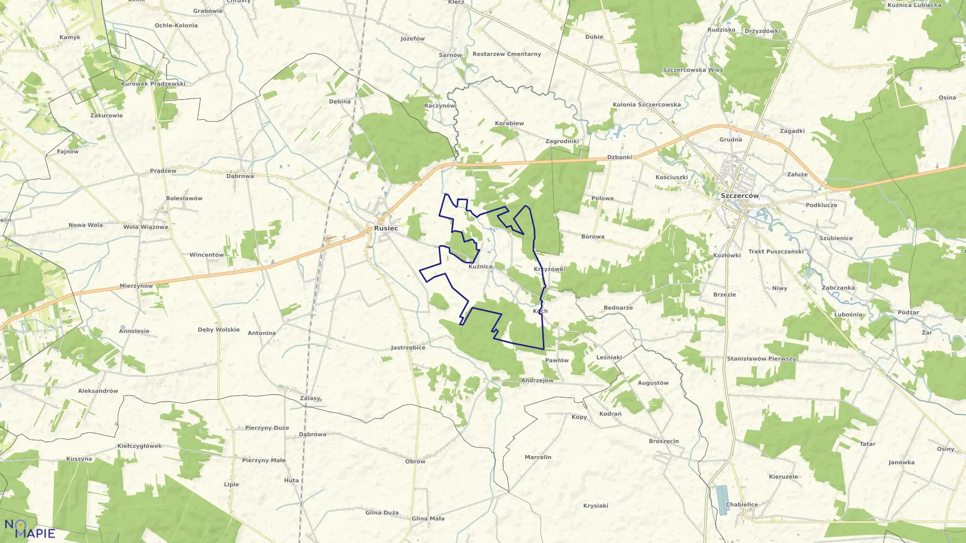 Mapa obrębu KUŹNICA w gminie Rusiec