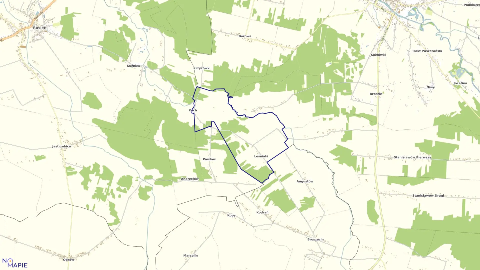 Mapa obrębu LEŚNIAKI w gminie Rusiec